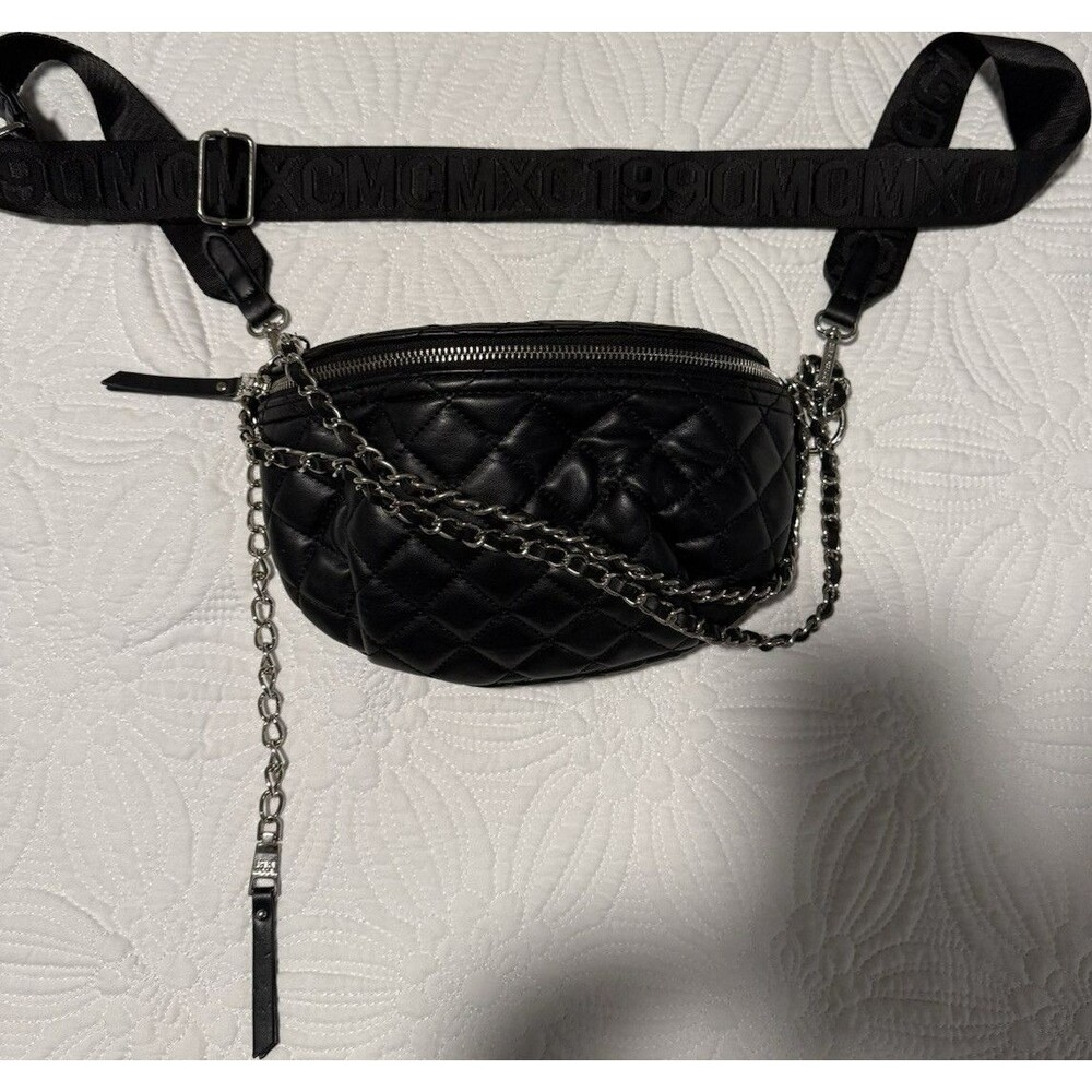 Steve Madden Black Quilted Fanny Pack Crossbody Bag Chain Accent Silver Hardware